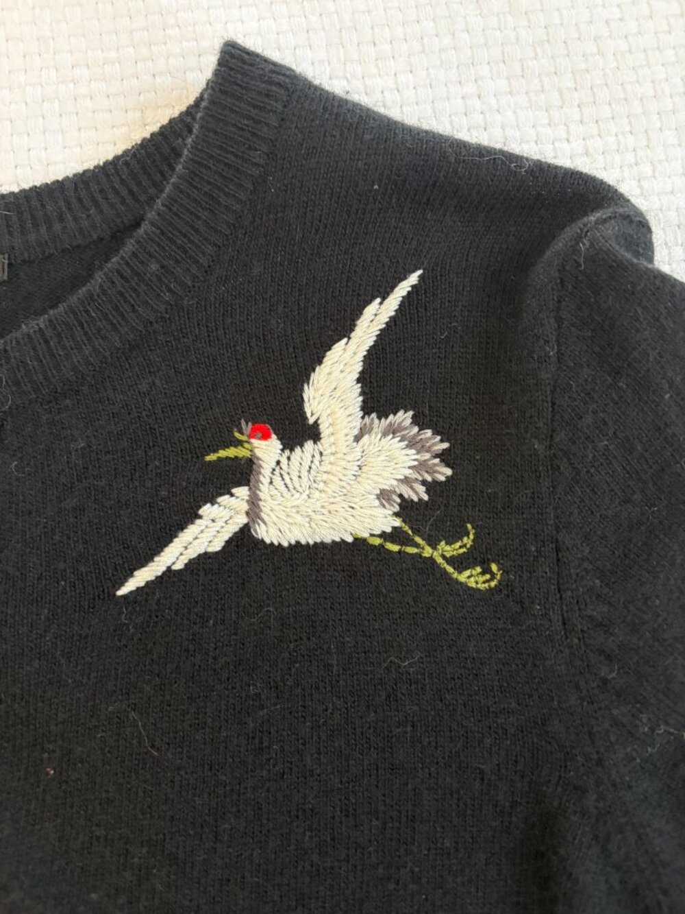 Vintage Retro Lucky Brand Angora Blend Cardigan with Crane and Bonsai Embroidery - Picture 5 of 7